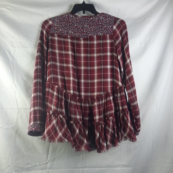 Altered State Self Burgundy White Floral Plaid ButtonUp Tiered Frayed Hem Top MD - Picture 2 of 6